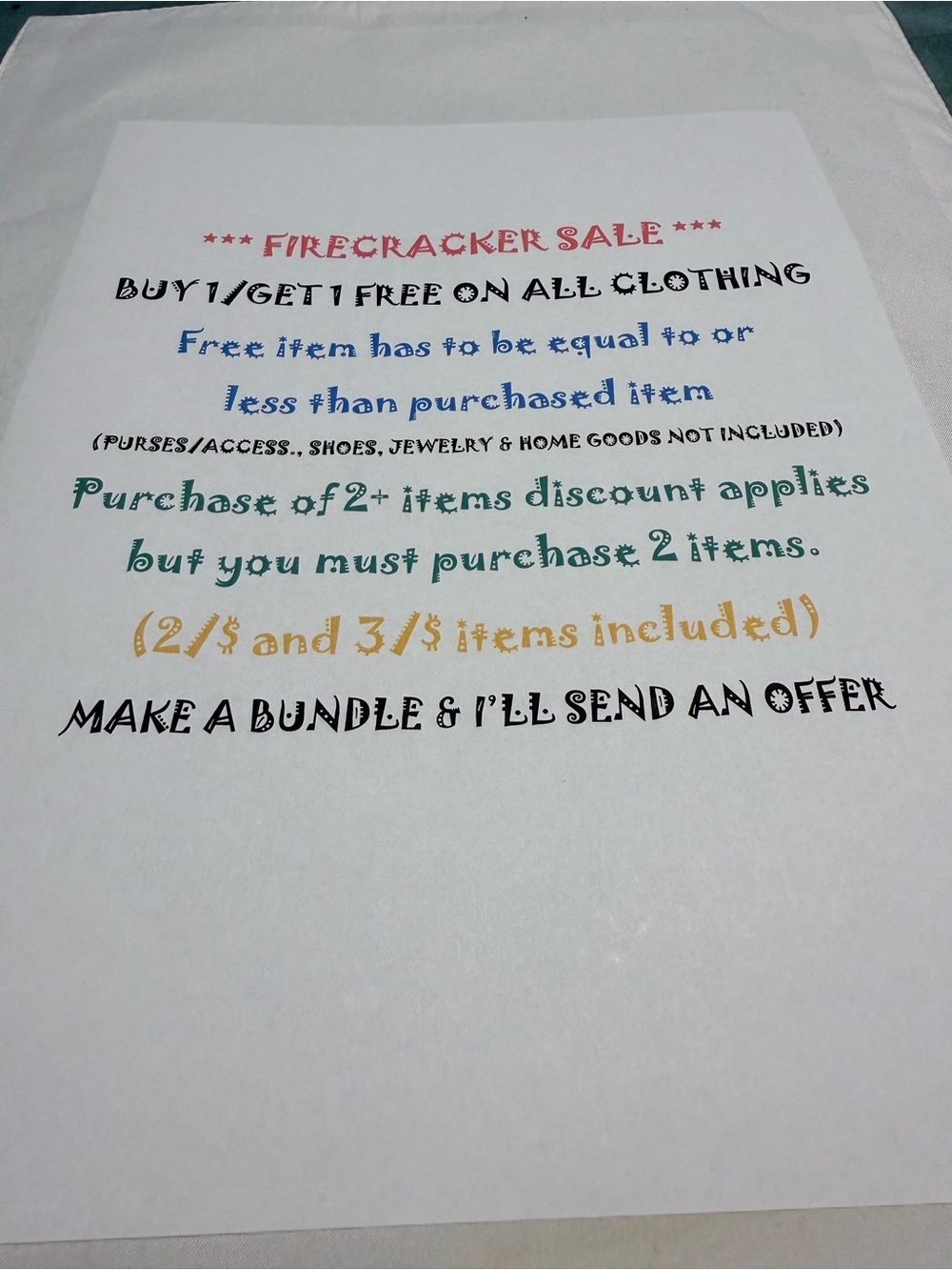 July 4th Sale- clothing B1/G1 free - lowest priced item will be FREE: